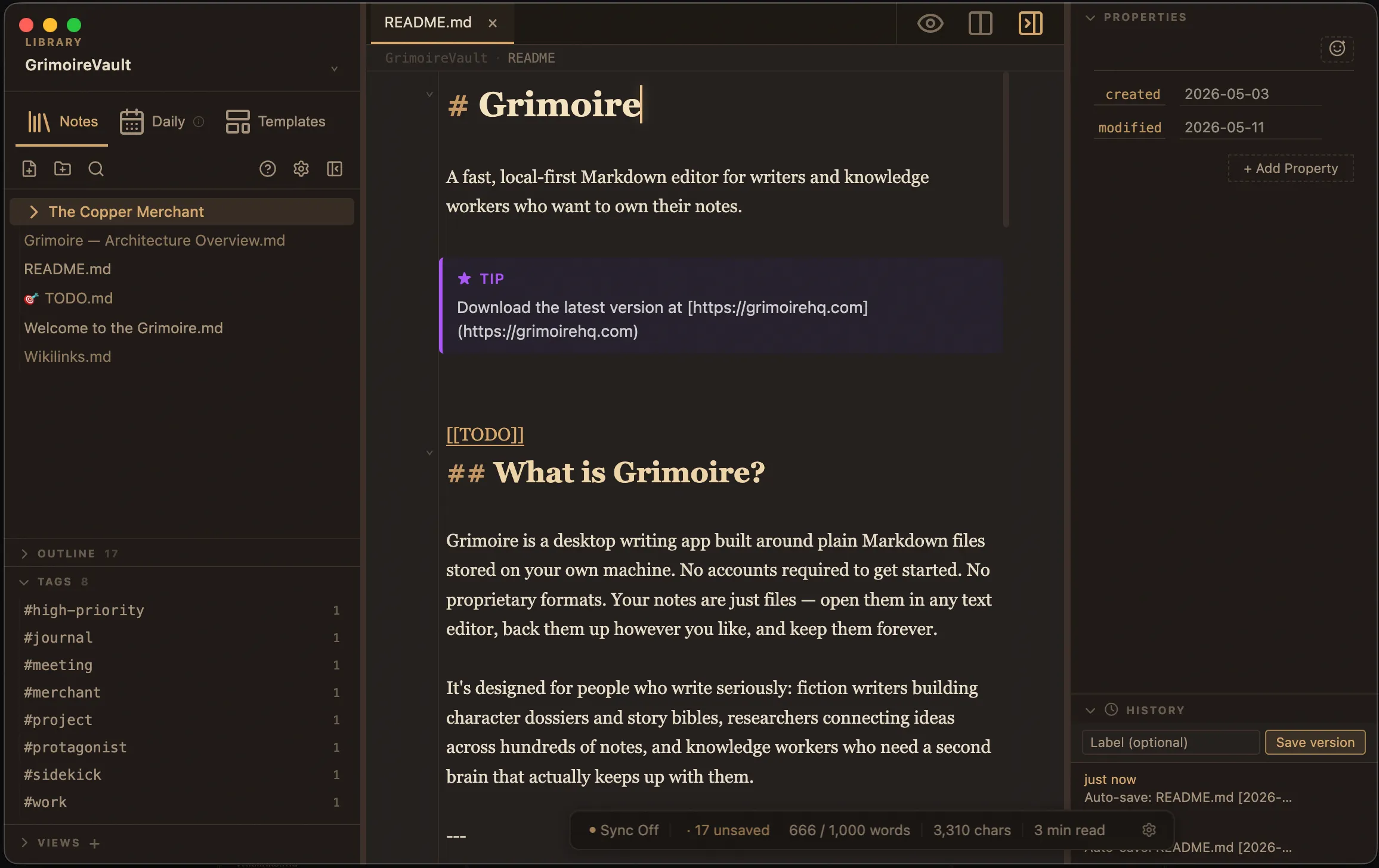 The Grimoire Markdown editor on macOS: file sidebar, tabbed editor with wikilinks, and a backlinks panel, in a warm dark theme